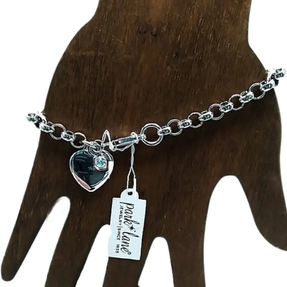 Park Lane Cherish Heart Bracelet Silver-tone Charm Crystal Accent Rolo FLAW READ